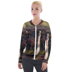 Waterfall Cascade Mountains Cliffs Northern Lights Velvet Zip Up Jacket by danenraven