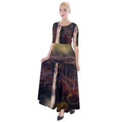 Waterfall Cascade Mountains Cliffs Northern Lights Half Sleeves Maxi Dress by danenraven