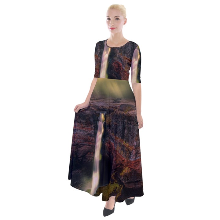 Waterfall Cascade Mountains Cliffs Northern Lights Half Sleeves Maxi Dress