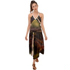 Waterfall Cascade Mountains Cliffs Northern Lights Halter Tie Back Dress  by danenraven