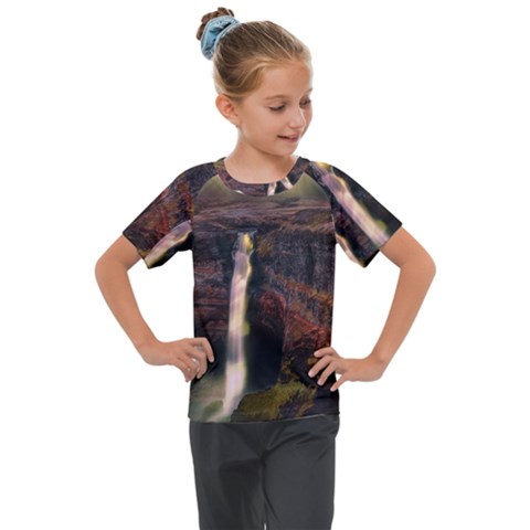 Waterfall Cascade Mountains Cliffs Northern Lights Kids  Mesh Piece Tee by danenraven