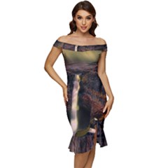 Waterfall Cascade Mountains Cliffs Northern Lights Off Shoulder Ruffle Split Hem Bodycon Dress