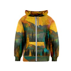 Trees Mountains Sun Sunrise Warm Red Yellow Kids  Zipper Hoodie by danenraven