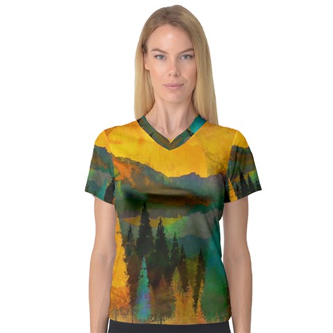 Trees Mountains Sun Sunrise Warm Red Yellow V-neck Sport Mesh Tee by danenraven