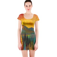 Trees Mountains Sun Sunrise Warm Red Yellow Short Sleeve Bodycon Dress by danenraven