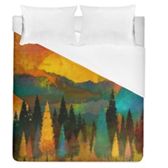 Trees Mountains Sun Sunrise Warm Red Yellow Duvet Cover (queen Size) by danenraven