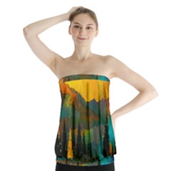 Trees Mountains Sun Sunrise Warm Red Yellow Strapless Top by danenraven