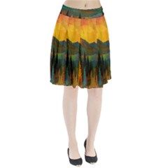 Trees Mountains Sun Sunrise Warm Red Yellow Pleated Skirt by danenraven