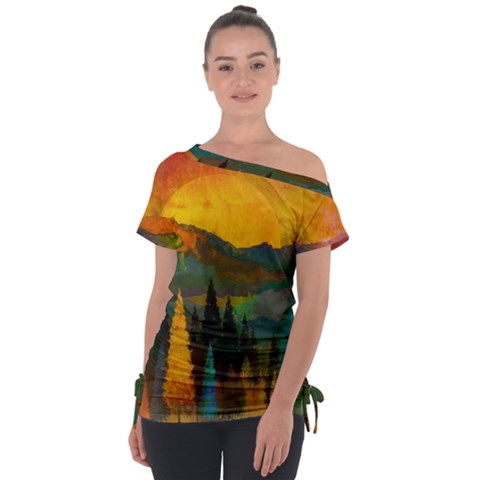 Trees Mountains Sun Sunrise Warm Red Yellow Off Shoulder Tie-up Tee by danenraven