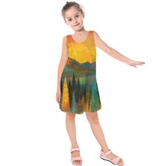 Trees Mountains Sun Sunrise Warm Red Yellow Kids  Sleeveless Dress by danenraven