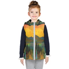 Trees Mountains Sun Sunrise Warm Red Yellow Kids  Hooded Puffer Vest by danenraven