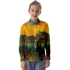 Trees Mountains Sun Sunrise Warm Red Yellow Kids  Long Sleeve Shirt by danenraven