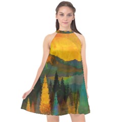 Trees Mountains Sun Sunrise Warm Red Yellow Halter Neckline Chiffon Dress  by danenraven