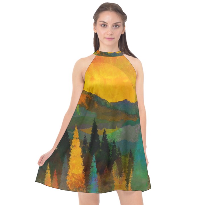 Trees Mountains Sun Sunrise Warm Red Yellow Halter Neckline Chiffon Dress 