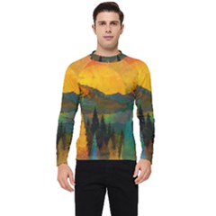 Trees Mountains Sun Sunrise Warm Red Yellow Men s Long Sleeve Rash Guard by danenraven