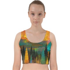 Trees Mountains Sun Sunrise Warm Red Yellow Velvet Racer Back Crop Top by danenraven