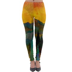 Trees Mountains Sun Sunrise Warm Red Yellow Lightweight Velour Leggings by danenraven