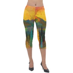 Trees Mountains Sun Sunrise Warm Red Yellow Lightweight Velour Capri Leggings  by danenraven