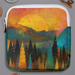 Trees Mountains Sun Sunrise Warm Red Yellow Mini Square Pouch by danenraven