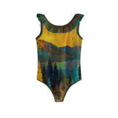 Trees Mountains Sun Sunrise Warm Red Yellow Kids  Frill Swimsuit by danenraven