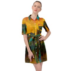 Trees Mountains Sun Sunrise Warm Red Yellow Belted Shirt Dress by danenraven