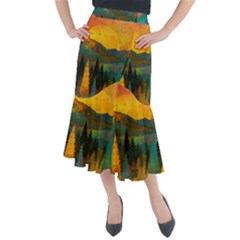 Trees Mountains Sun Sunrise Warm Red Yellow Midi Mermaid Skirt by danenraven