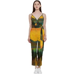 Trees Mountains Sun Sunrise Warm Red Yellow V-neck Spaghetti Strap Tie Front Jumpsuit