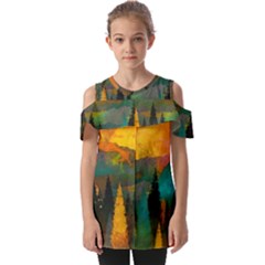 Trees Mountains Sun Sunrise Warm Red Yellow Fold Over Open Sleeve Top