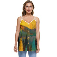 Trees Mountains Sun Sunrise Warm Red Yellow Casual Spaghetti Strap Chiffon Top by danenraven