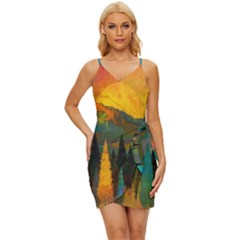 Trees Mountains Sun Sunrise Warm Red Yellow Wrap Tie Front Dress by danenraven