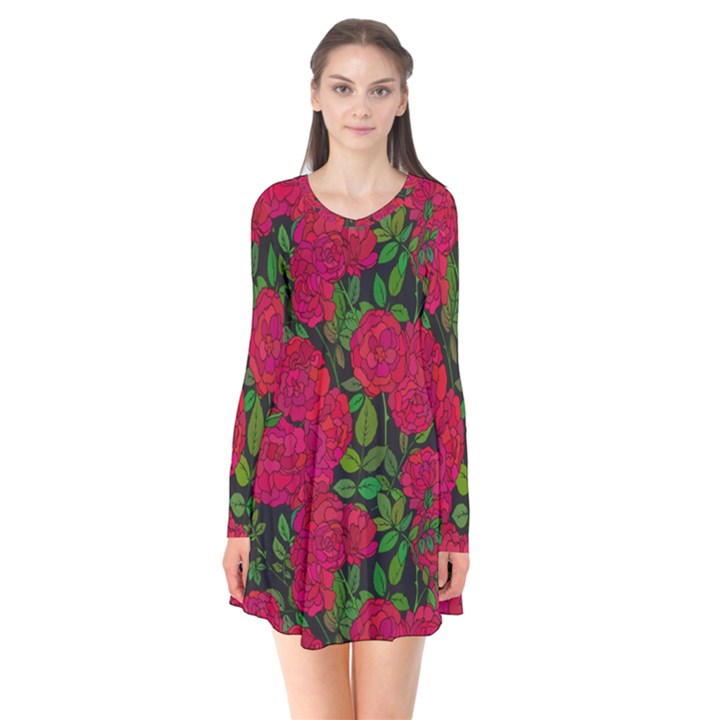 Seamless-pattern-with-colorful-bush-roses Long Sleeve V-neck Flare Dress