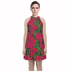 Seamless-pattern-with-colorful-bush-roses Velvet Halter Neckline Dress 