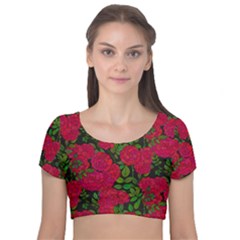 Seamless-pattern-with-colorful-bush-roses Velvet Short Sleeve Crop Top  by BangZart