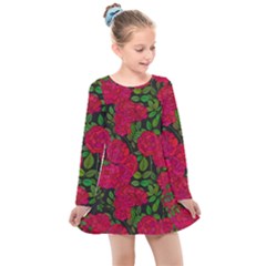 Seamless-pattern-with-colorful-bush-roses Kids  Long Sleeve Dress by BangZart