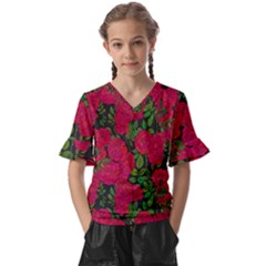 Seamless-pattern-with-colorful-bush-roses Kids  V-neck Horn Sleeve Blouse by BangZart