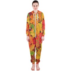 Autumn Background Maple Leaves Hooded Jumpsuit (ladies) by artworkshop