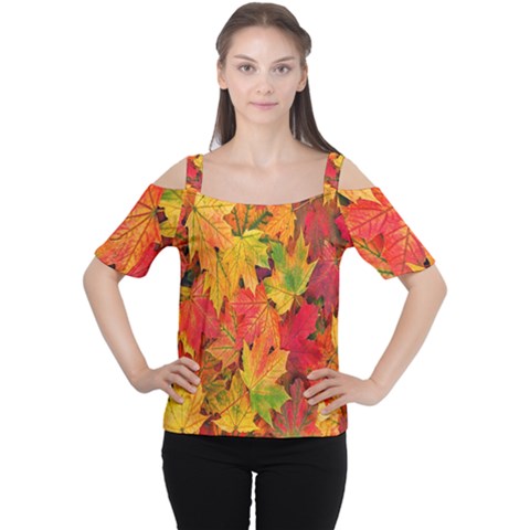 Autumn Background Maple Leaves Cutout Shoulder Tee by artworkshop