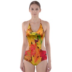 Autumn Background Maple Leaves Cut-out One Piece Swimsuit by artworkshop