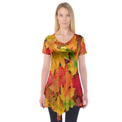 Autumn Background Maple Leaves Short Sleeve Tunic  by artworkshop