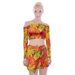 Autumn Background Maple Leaves Off Shoulder Top With Mini Skirt Set by artworkshop