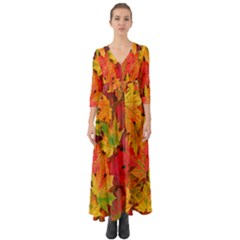 Autumn Background Maple Leaves Button Up Boho Maxi Dress by artworkshop