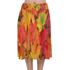 Autumn Background Maple Leaves Velvet Flared Midi Skirt by artworkshop