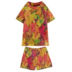 Autumn Background Maple Leaves Kids  Swim Tee And Shorts Set by artworkshop