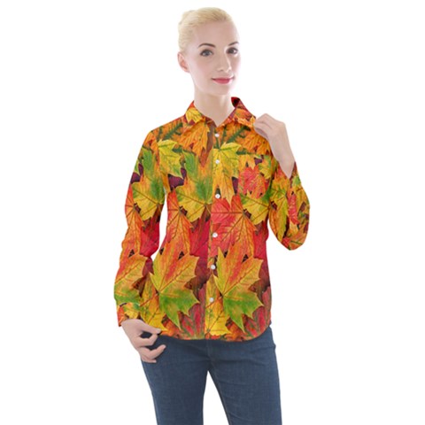 Autumn Background Maple Leaves Women s Long Sleeve Pocket Shirt by artworkshop