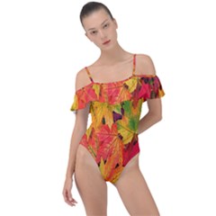 Autumn Background Maple Leaves Frill Detail One Piece Swimsuit by artworkshop