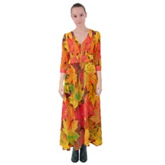 Autumn Background Maple Leaves Button Up Maxi Dress by artworkshop