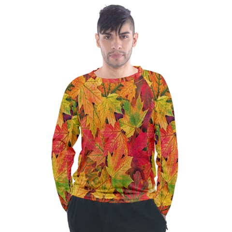 Autumn Background Maple Leaves Men s Long Sleeve Raglan Tee by artworkshop