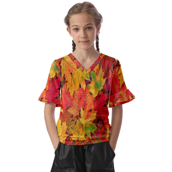 Autumn Background Maple Leaves Kids  V-Neck Horn Sleeve Blouse