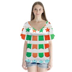 Christmas Bunting Banners V-neck Flutter Sleeve Top by artworkshop