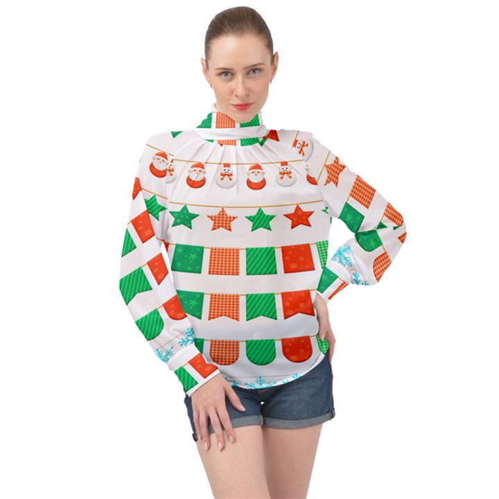 Christmas Bunting Banners High Neck Long Sleeve Chiffon Top